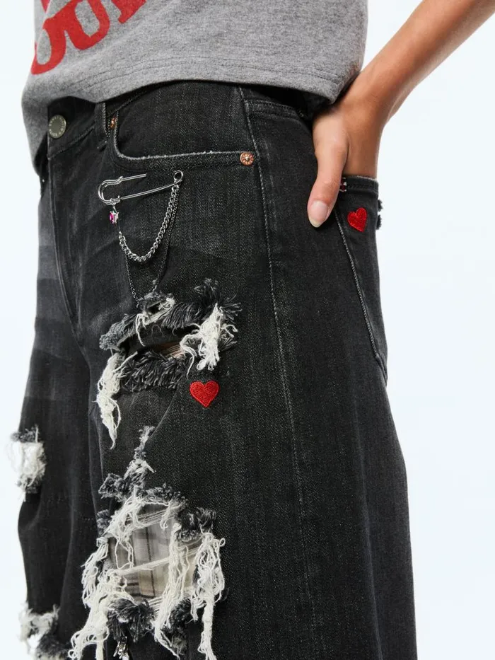 Alice Olivia HARPER MID RISE SUPER BAGGY DISTRESSED JEAN Maya Charcoal Black Women Pants