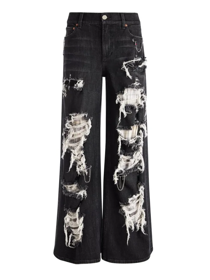 Alice Olivia HARPER MID RISE SUPER BAGGY DISTRESSED JEAN Maya Charcoal Black Women Pants
