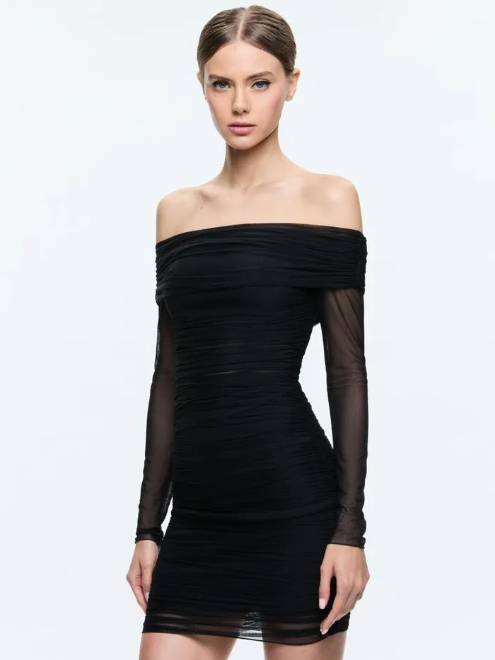 Alice Olivia ISADOLA OFF THE SHOULDER MINI DRESS Black Women Dresses
