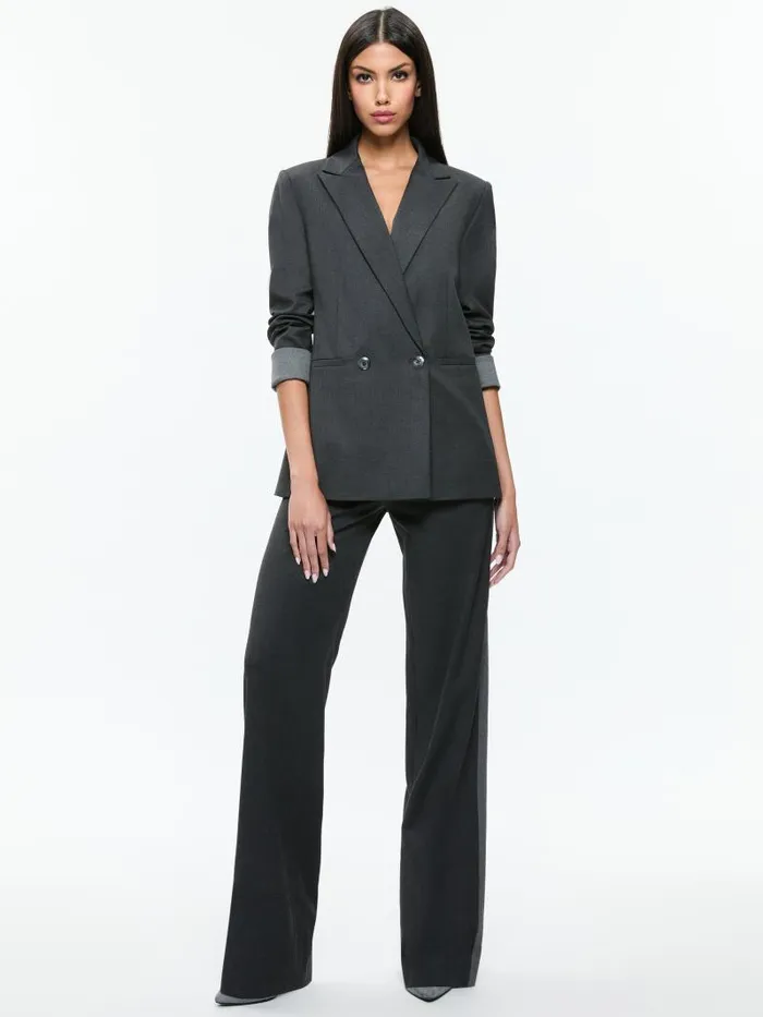 Alice Olivia JUSTIN ROLLED CUFF DOUBLE BREASTED LONG BLAZER Charcoal Grey Melange Women Jackets Coats