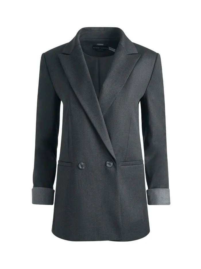 Alice Olivia JUSTIN ROLLED CUFF DOUBLE BREASTED LONG BLAZER Charcoal Grey Melange Women Jackets Coats