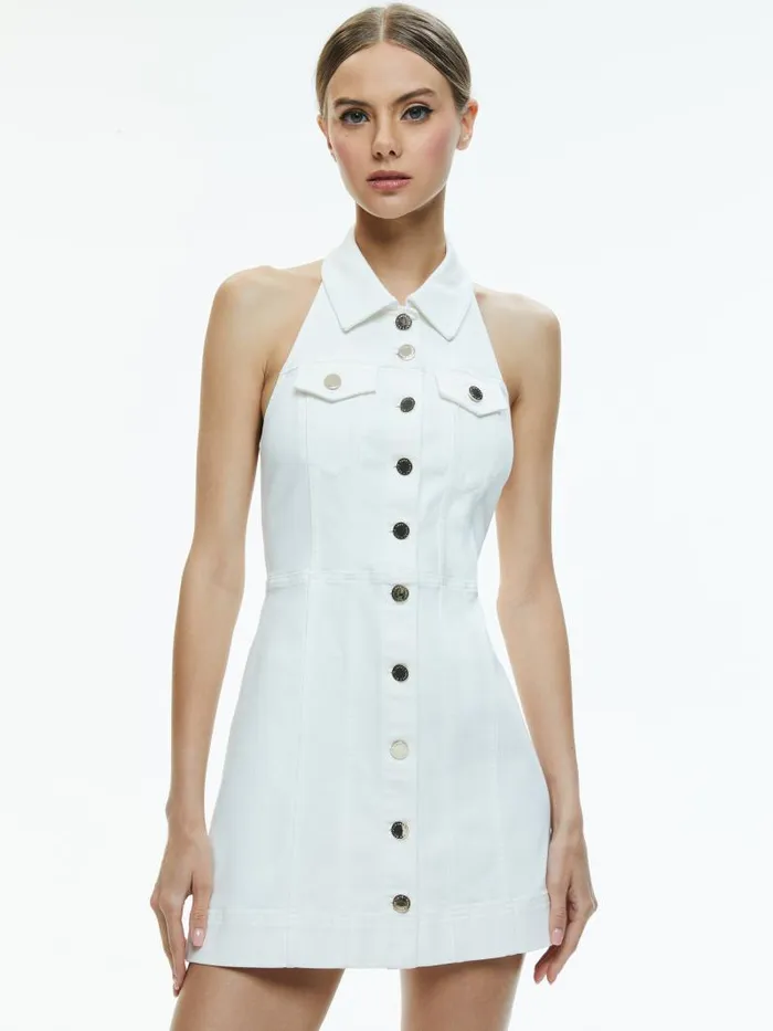 Alice Olivia KENDALL DENIM HALTER MINI DRESS Off White Women Dresses