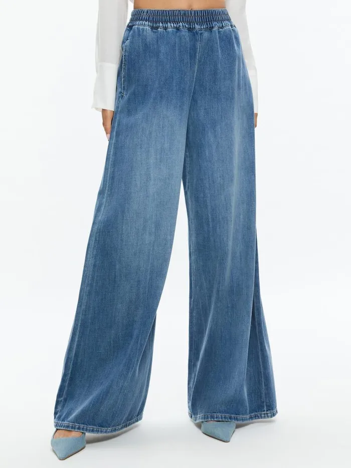 Alice Olivia KENLEY DENIM PALAZZO PANT Brooklyn Blue Women Jeans