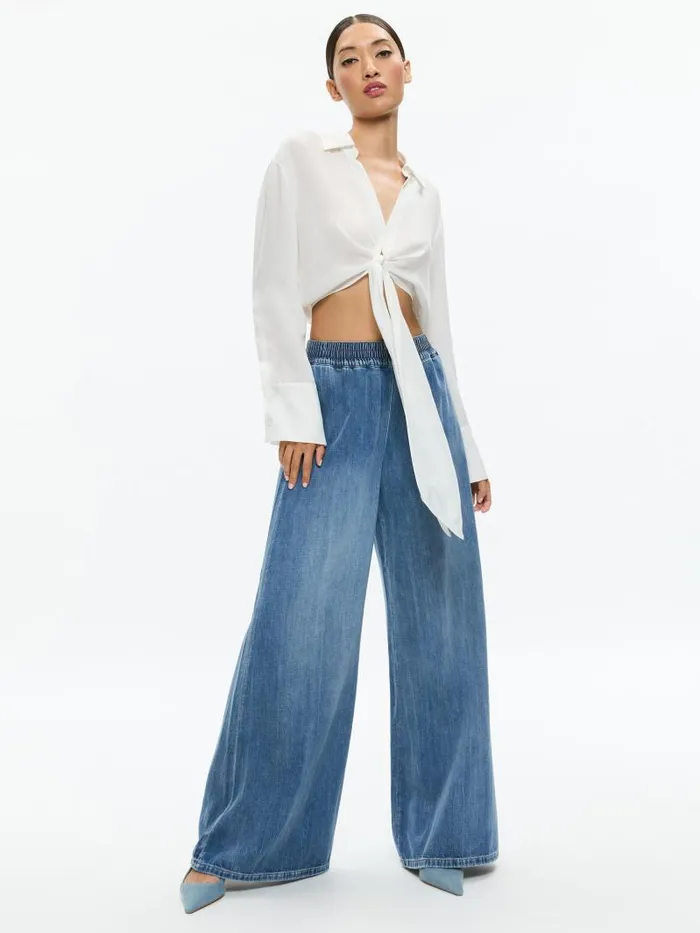 Alice Olivia KENLEY DENIM PALAZZO PANT Brooklyn Blue Women Jeans