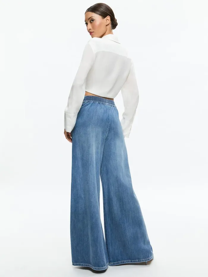 Alice Olivia KENLEY DENIM PALAZZO PANT Brooklyn Blue Women Jeans