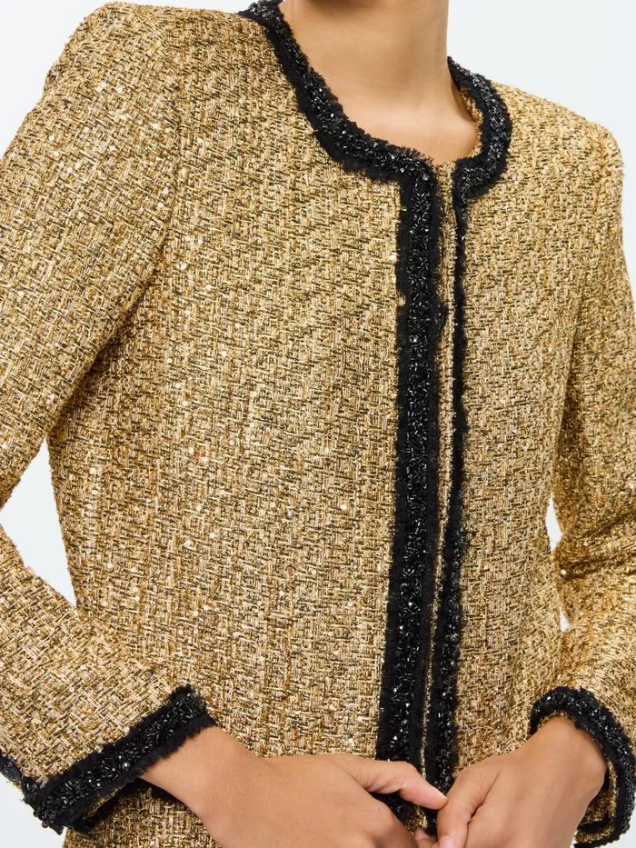Alice Olivia LANDON CROPPED BOXY JACKET WITH EMBELLISHED TRIM Gold Women Jackets Coats