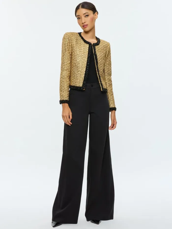 Alice Olivia LANDON CROPPED BOXY JACKET WITH EMBELLISHED TRIM Gold Women Jackets Coats