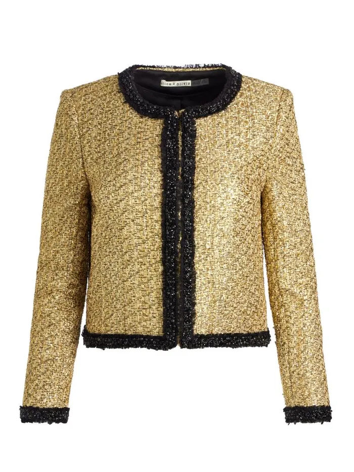Alice Olivia LANDON CROPPED BOXY JACKET WITH EMBELLISHED TRIM Gold Women Jackets Coats