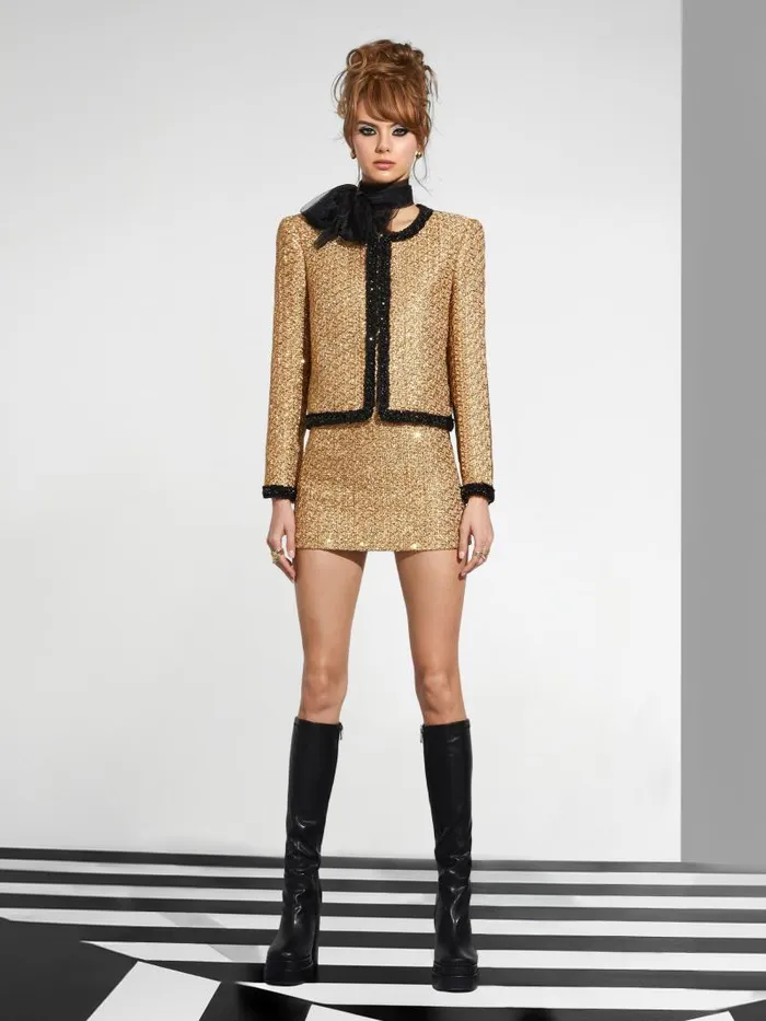 Alice Olivia LANDON CROPPED BOXY JACKET WITH EMBELLISHED TRIM Gold Women Jackets Coats