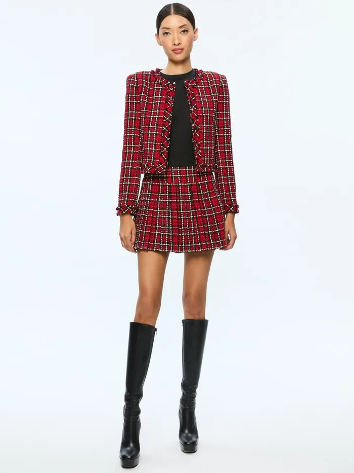 Alice Olivia MERA LOW RISE PLEATED SKIRT Schoolgirl Plaid Bright Ruby Women Skirts