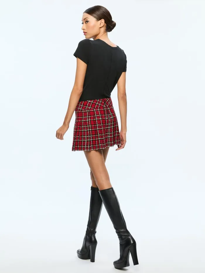 Alice Olivia MERA LOW RISE PLEATED SKIRT Schoolgirl Plaid Bright Ruby Women Skirts