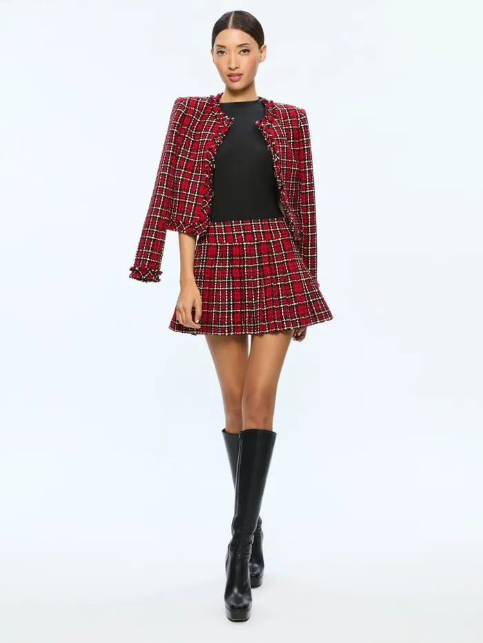 Alice Olivia MERA LOW RISE PLEATED SKIRT Schoolgirl Plaid Bright Ruby Women Skirts