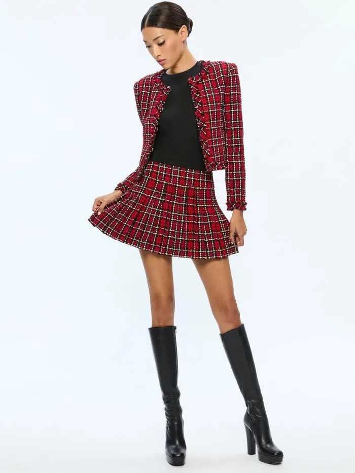 Alice Olivia MERA LOW RISE PLEATED SKIRT Schoolgirl Plaid Bright Ruby Women Skirts