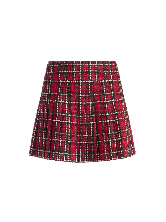 Alice Olivia MERA LOW RISE PLEATED SKIRT Schoolgirl Plaid Bright Ruby Women Skirts