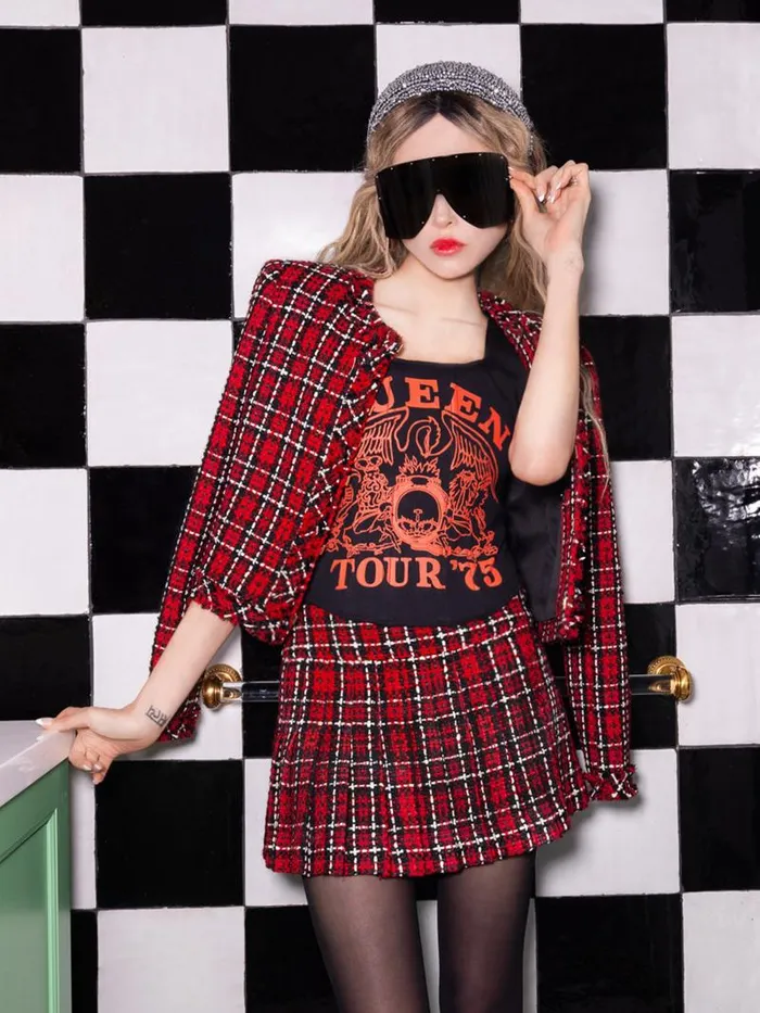 Alice Olivia MERA LOW RISE PLEATED SKIRT Schoolgirl Plaid Bright Ruby Women Skirts