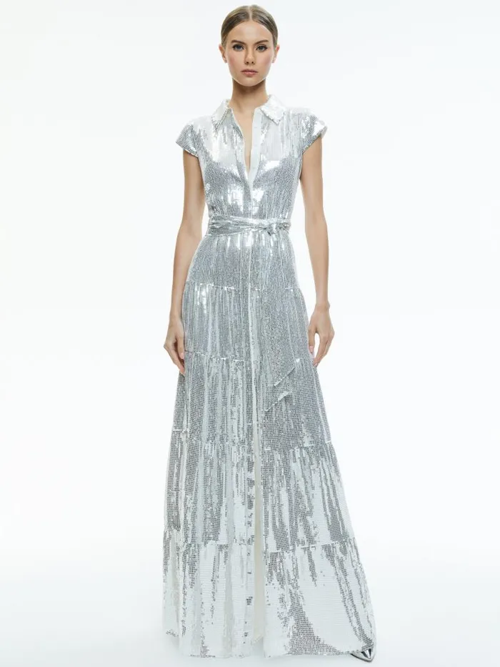 Alice Olivia MIRANDA EMBELLISHED TIERED MAXI DRESS Silver Women Dresses
