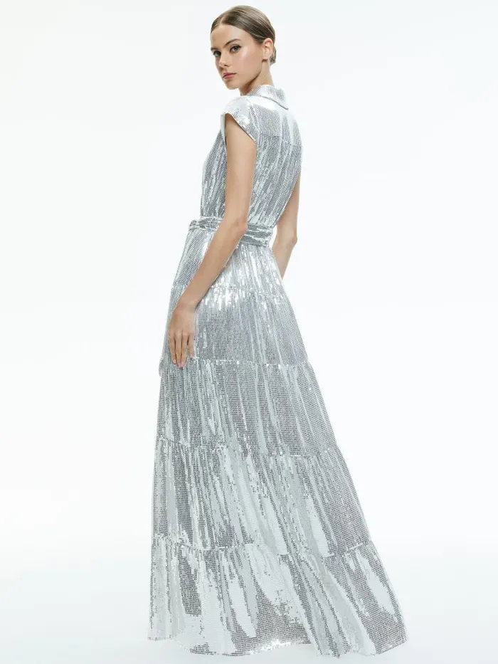 Alice Olivia MIRANDA EMBELLISHED TIERED MAXI DRESS Silver Women Dresses