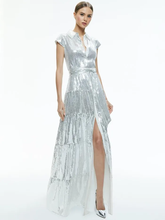 Alice Olivia MIRANDA EMBELLISHED TIERED MAXI DRESS Silver Women Dresses