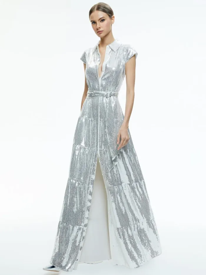 Alice Olivia MIRANDA EMBELLISHED TIERED MAXI DRESS Silver Women Dresses