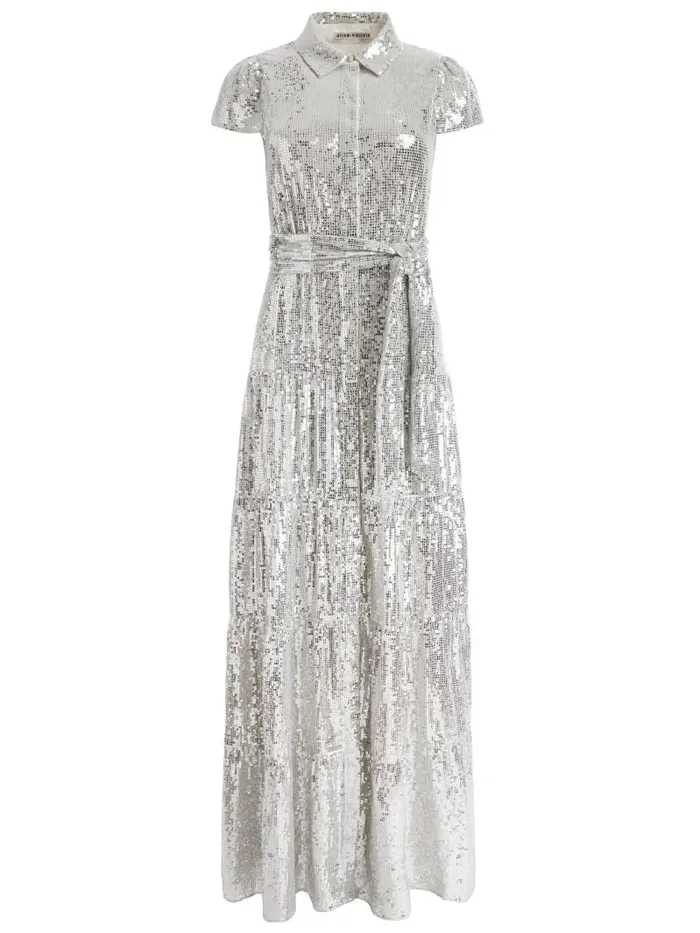 Alice Olivia MIRANDA EMBELLISHED TIERED MAXI DRESS Silver Women Dresses