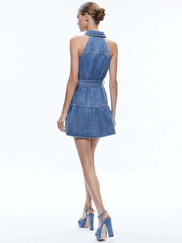 Alice Olivia MIRANDA SLEEVELESS MINI DENIM DRESS Albee Vintage Blue Women Dresses