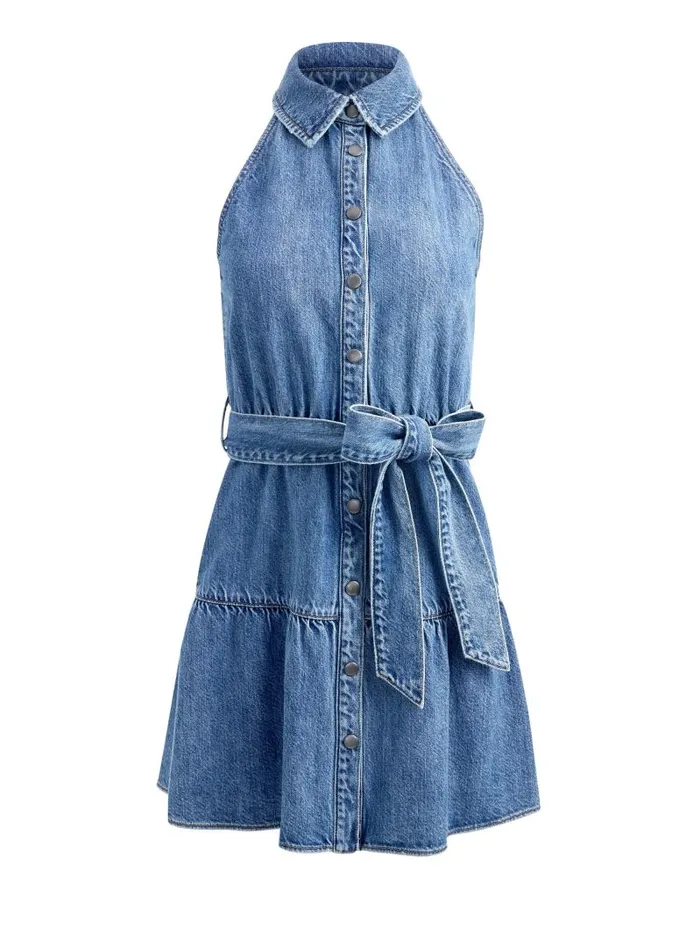 Alice Olivia MIRANDA SLEEVELESS MINI DENIM DRESS Albee Vintage Blue Women Dresses