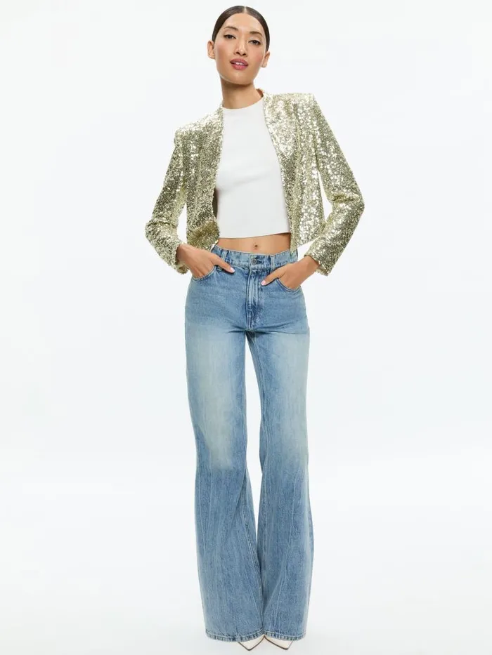 Alice Olivia NEW HARVEY SEQUIN OPEN FRONT JACKET Champagnesilver Women Jackets Coats