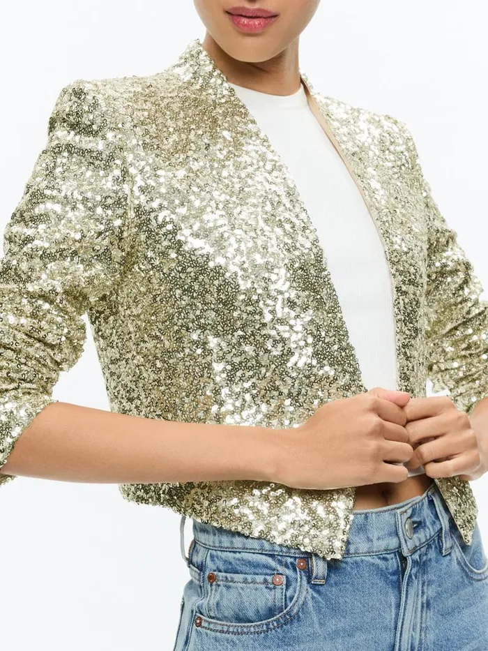 Alice Olivia NEW HARVEY SEQUIN OPEN FRONT JACKET Champagnesilver Women Jackets Coats