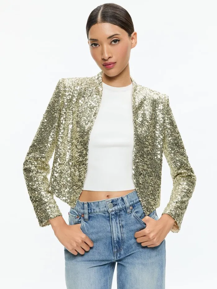 Alice Olivia NEW HARVEY SEQUIN OPEN FRONT JACKET Champagnesilver Women Jackets Coats