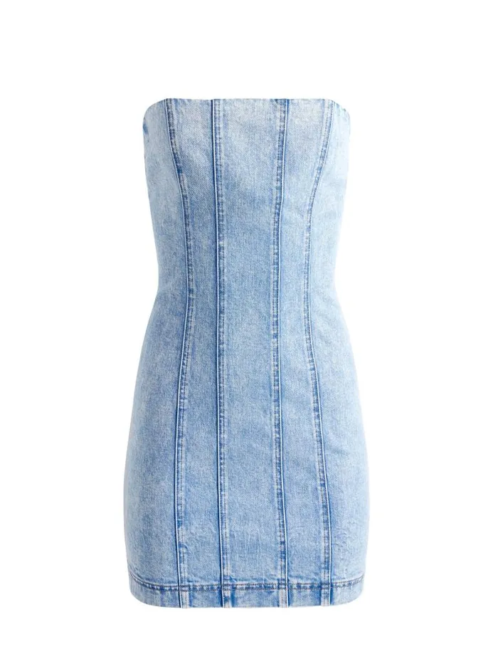 Alice Olivia PALMER DENIM STRAPLESS MINI DRESS Off White Women Dresses