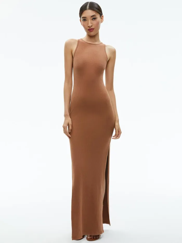 Alice Olivia PANIA RACERBACK RIBBED SIDE SLIT MAXI DRESS Camel Women Dresses