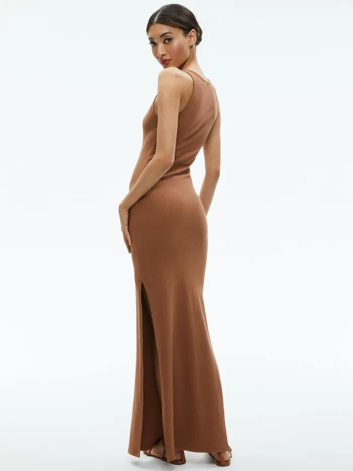 Alice Olivia PANIA RACERBACK RIBBED SIDE SLIT MAXI DRESS Camel Women Dresses