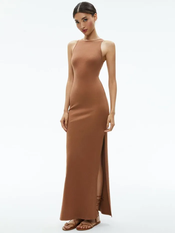 Alice Olivia PANIA RACERBACK RIBBED SIDE SLIT MAXI DRESS Camel Women Dresses