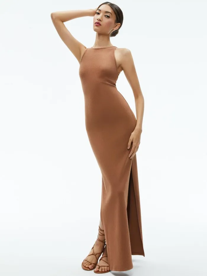 Alice Olivia PANIA RACERBACK RIBBED SIDE SLIT MAXI DRESS Camel Women Dresses