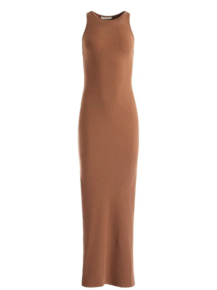 Alice Olivia PANIA RACERBACK RIBBED SIDE SLIT MAXI DRESS Camel Women Dresses