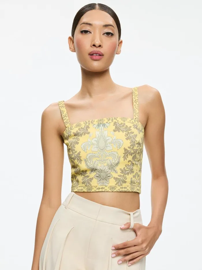 Alice Olivia SASHA LACE UP BACK CROPPED TOP Vanity Lemon Meringuemulti Women Tops