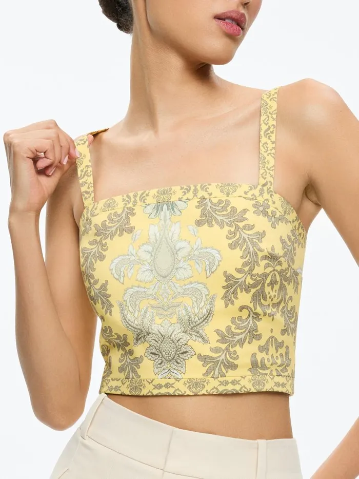 Alice Olivia SASHA LACE UP BACK CROPPED TOP Vanity Lemon Meringuemulti Women Tops