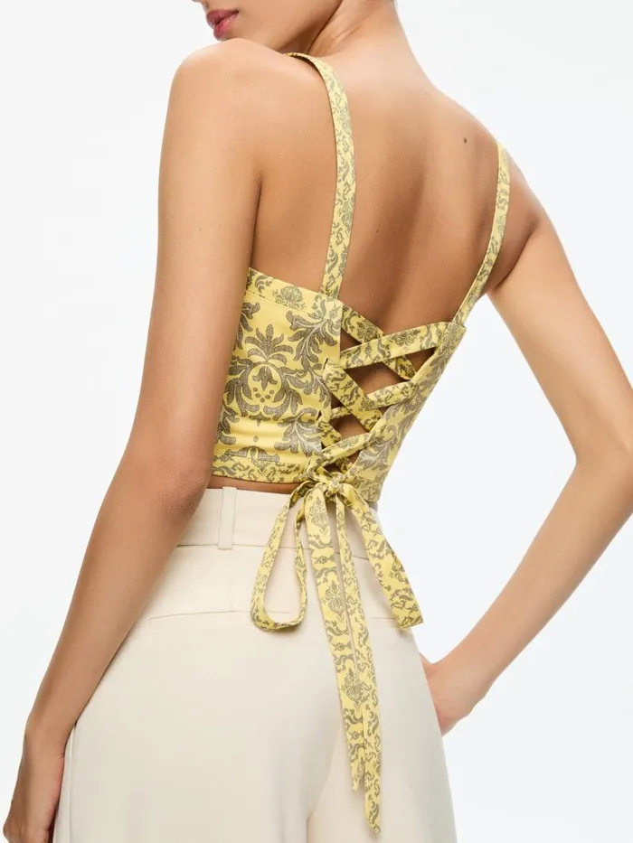 Alice Olivia SASHA LACE UP BACK CROPPED TOP Vanity Lemon Meringuemulti Women Tops