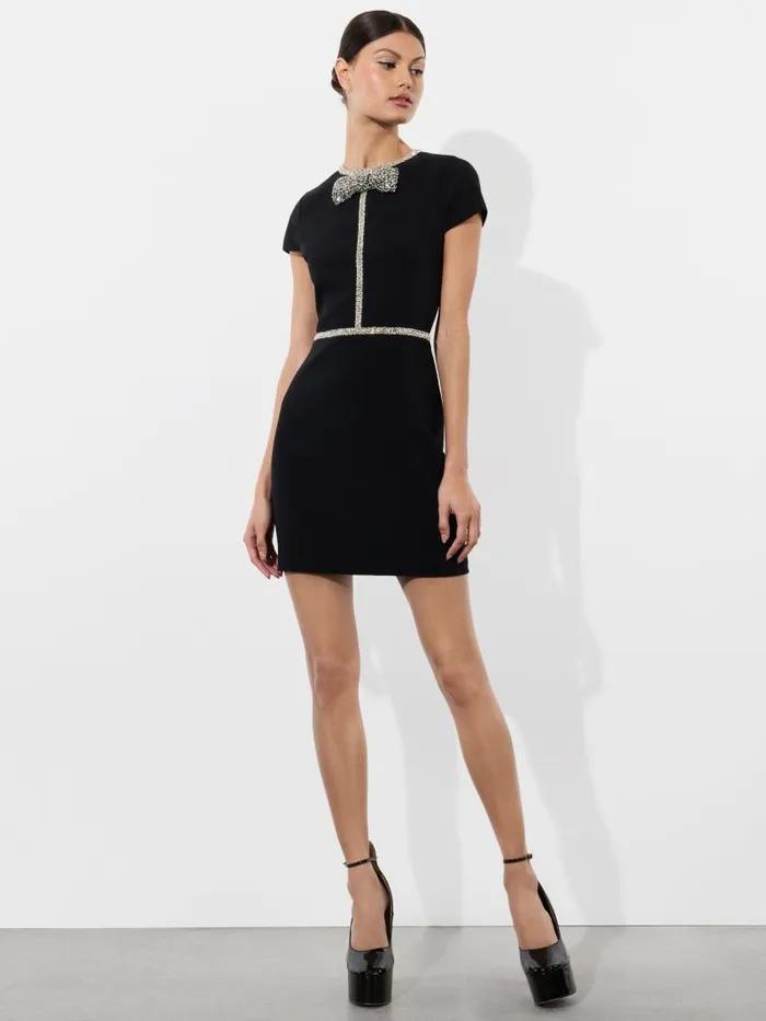 Alice Olivia SOPHIE CAP SLEEVE MINI DRESS WITH EMBELLISHED BOW DETAIL Black Women Dresses