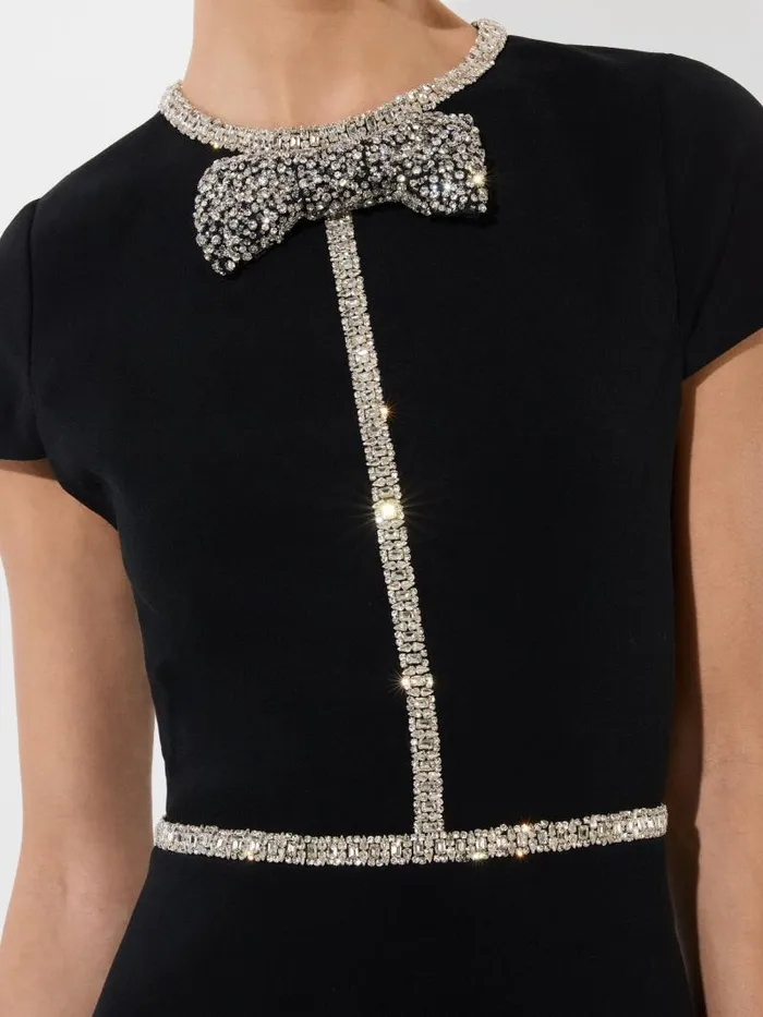 Alice Olivia SOPHIE CAP SLEEVE MINI DRESS WITH EMBELLISHED BOW DETAIL Black Women Dresses