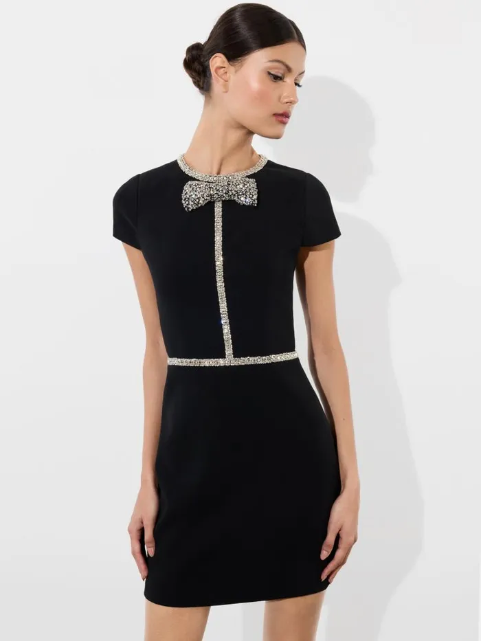 Alice Olivia SOPHIE CAP SLEEVE MINI DRESS WITH EMBELLISHED BOW DETAIL Black Women Dresses
