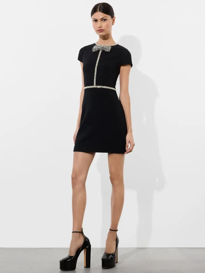 Alice Olivia SOPHIE CAP SLEEVE MINI DRESS WITH EMBELLISHED BOW DETAIL Black Women Dresses