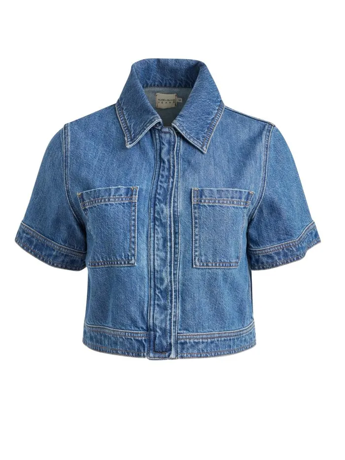 Alice Olivia TESHA SHORT SLEEVE CROPPED DENIM BUTTON DOWN Avery Blue Women Tops