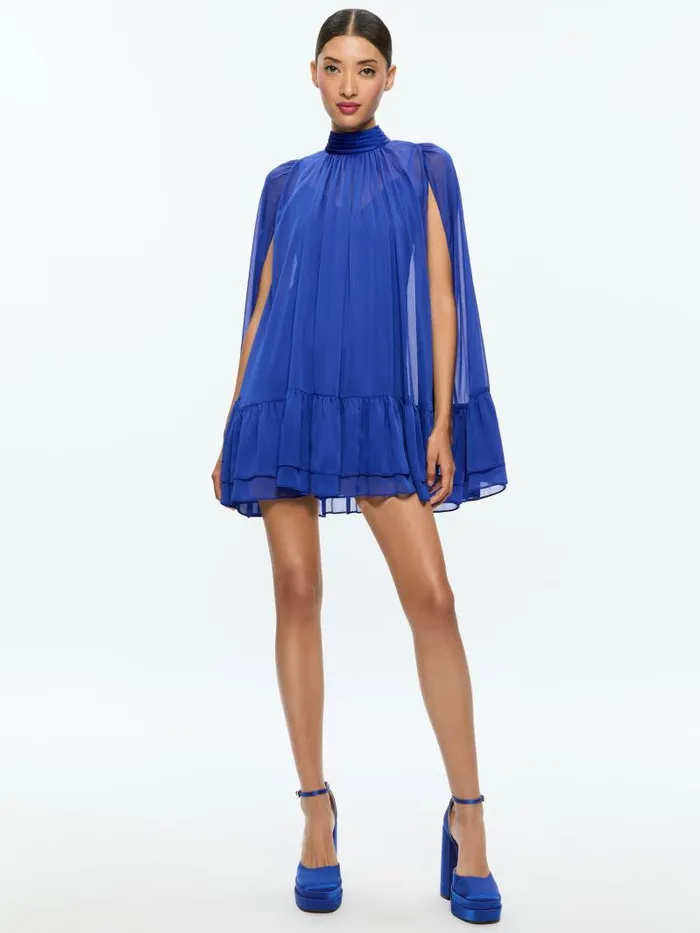 Alice Olivia ZENON TIE NECK CAPE MINI DRESS Royal Women Dresses