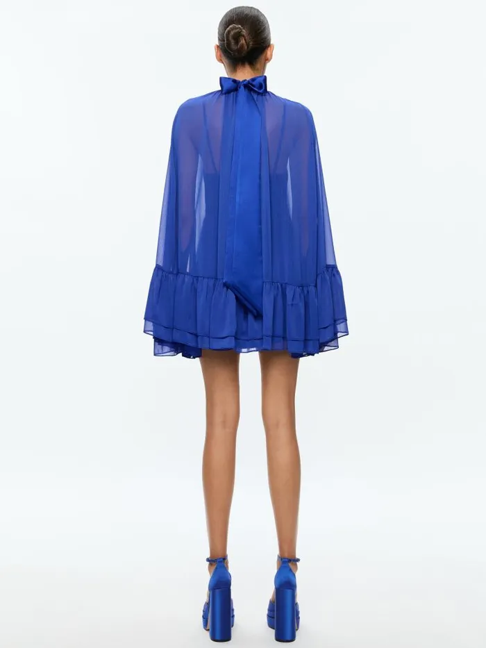 Alice Olivia ZENON TIE NECK CAPE MINI DRESS Royal Women Dresses