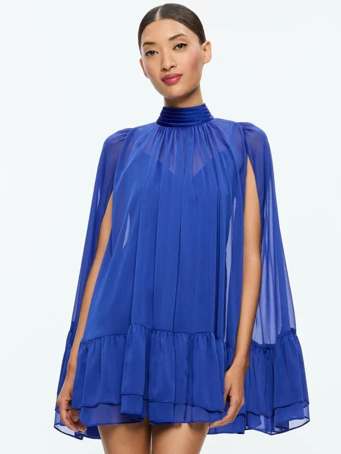 Alice Olivia ZENON TIE NECK CAPE MINI DRESS Royal Women Dresses