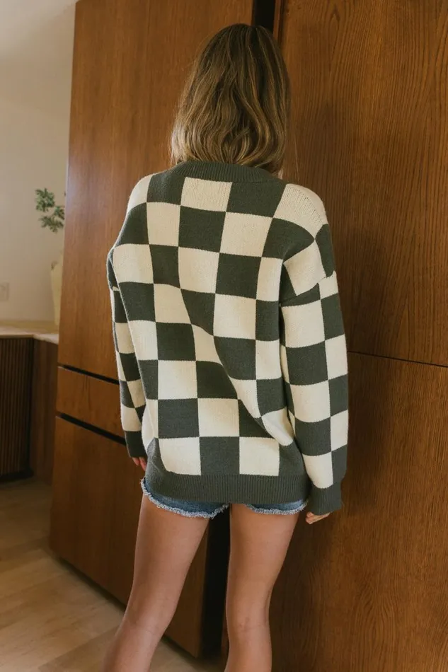 Angela Checkered Sweater In Olive Olive Women Bohme Sweaters