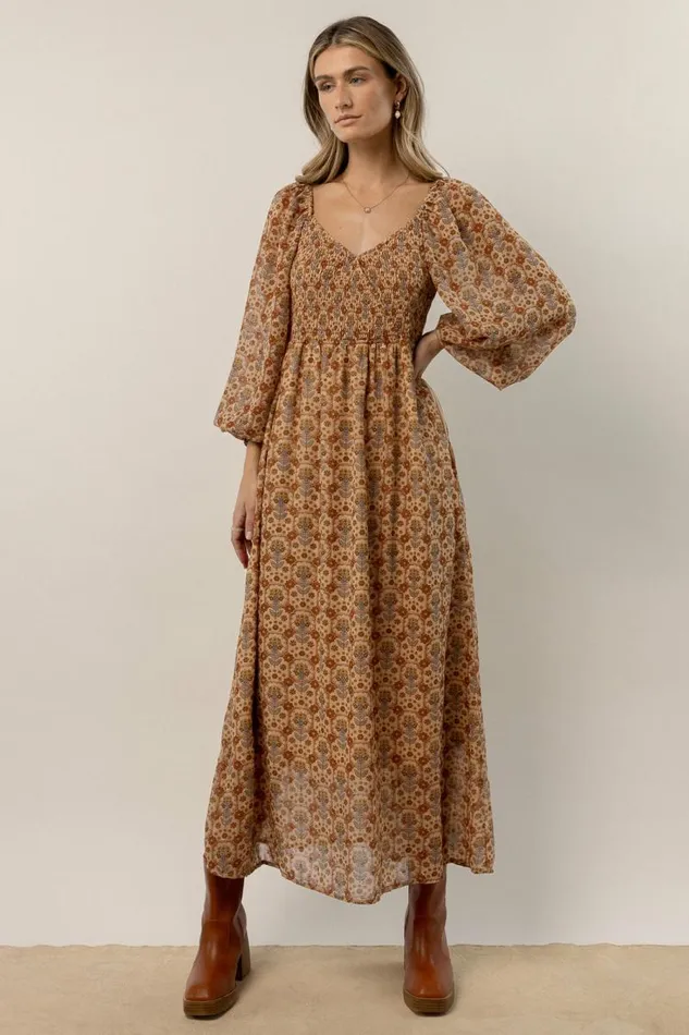 Averie Floral Midi Dress In Camel Camel Women Bohme Dresses