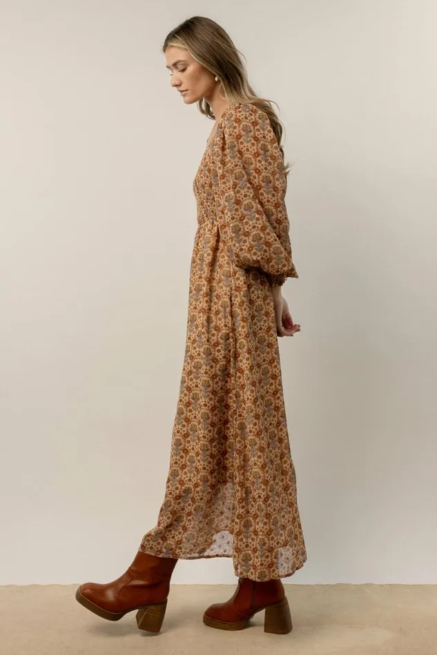 Averie Floral Midi Dress In Camel Camel Women Bohme Dresses