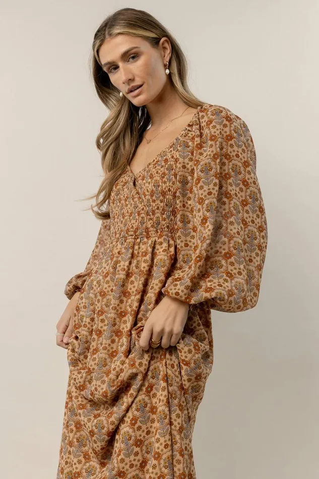 Averie Floral Midi Dress In Camel Camel Women Bohme Dresses